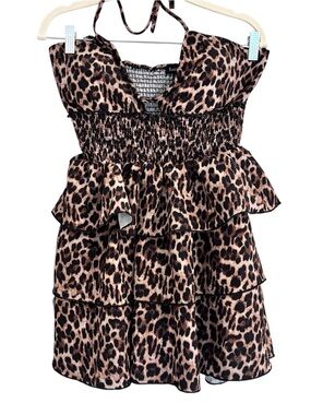 Fusionista Leopard Print Tiered Mini Dress in Brown and Black